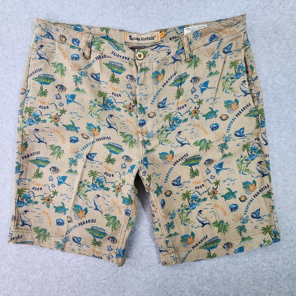 Tailor Vintage Shorts Mens 38x9 Tan Paradise Time Linen Blend Greenwich Slim Fit